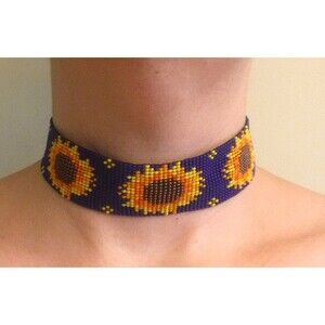 Loom Beaded Choker Necklace w/ Sunflowers